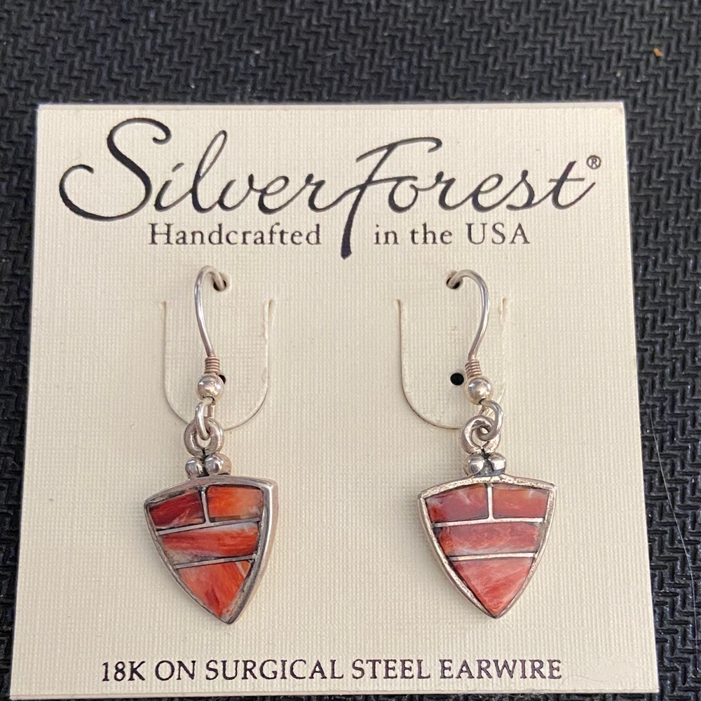 Silver Forest Red and Orange Shield Earrings